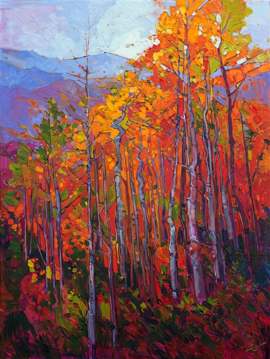 This painting was inspired by last October's travels through Colorado and Utah to capture the golden colors of changing aspen leaves. Their warm bursts of color are set off by the cool tones of the distant mountain slopes, while the thickly applied oil paint adds energy and movement to the composition. 
