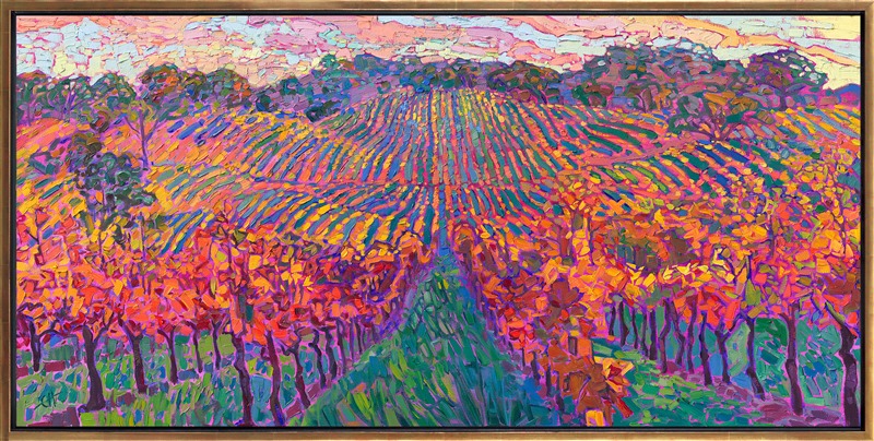 Bright yellow autumn vineyards create bold stripes of color across the rolling hills of Oregon's wine country. This painting captures the local vines of Elizabeth Chambers Cellars.</p><p>"Autumn Vineyard" is an original oil painting created on 1-1/2"-deep canvas, with the painting continued around the edges of the canvas. The piece arrives framed in a contemporary gold floater frame, ready to hang.