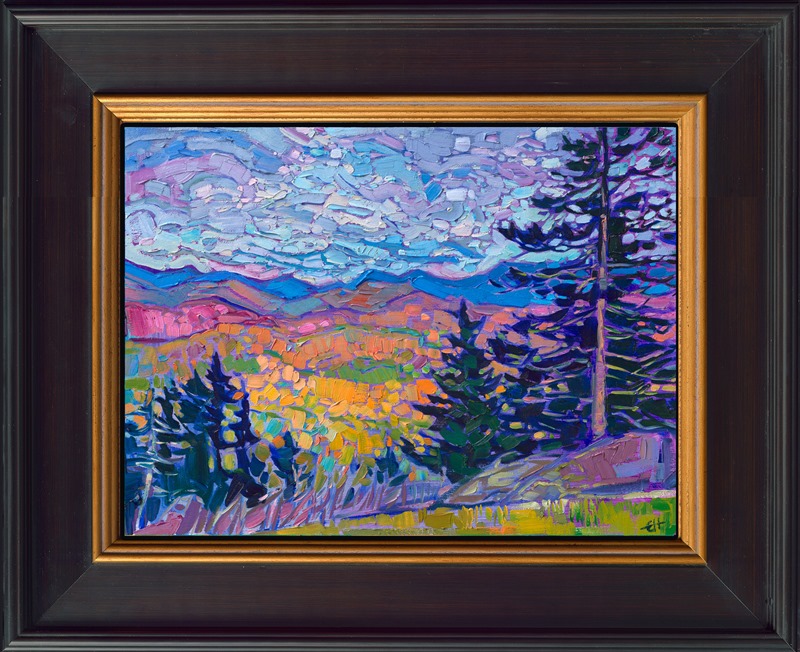 This painting was inspired by the view from one of the tallest peaks in the Appalachians - Grandfather Mountain in the Blue Ridge Mountains. This painting captures the royal blue colors that gave this mountain range its name. The thickly-applied paint strokes add dimension and movement to the painting.</p><p>"Blue Ridge Pines" is an original oil painting on linen board. The piece arrives in a black-and-gold plein air frame, ready to hang. 