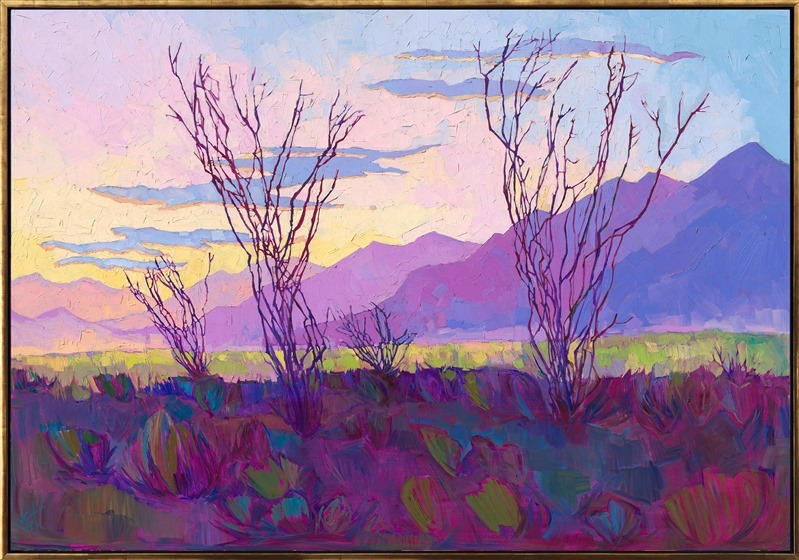 The bold, abstract shapes of desert mountain ranges fade into the purple distance, while the majestic shapes of ocotillos stretch high into the sky. This painting captures the beauty of southern California's desert at early dawn, while the air is clear and crisp, and the desert floor is covered in hues of spring green.</p><p><b>Note:<br/>"Borrego in Abstract" is available for pre-purchase and will be included in the <i><a href="https://www.erinhanson.com/Event/SearsArtMuseum" target="_blank">Erin Hanson: Landscapes of the West</a> </i>solo museum exhibition at the Sears Art Museum in St. George, Utah. This museum exhibition, located at the gateway to Zion National Park, will showcase Erin Hanson's largest collection of Western landscape paintings, including paintings of Zion, Bryce, Arches, Cedar Breaks, Arizona, and other Western inspirations. The show will be displayed from June 7 to August 23, 2024.</p><p>You may purchase this painting online, but the artwork will not ship after the exhibition closes on August 23, 2024.</b><br/><p>