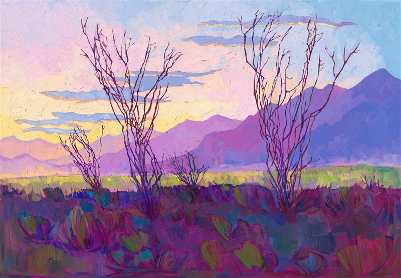 The bold, abstract shapes of desert mountain ranges fade into the purple distance, while the majestic shapes of ocotillos stretch high into the sky. This painting captures the beauty of southern California's desert at early dawn, while the air is clear and crisp, and the desert floor is covered in hues of spring green.</p><p><b>Note:<br/>"Borrego in Abstract" is available for pre-purchase and will be included in the <i><a href="https://www.erinhanson.com/Event/SearsArtMuseum" target="_blank">Erin Hanson: Landscapes of the West</a> </i>solo museum exhibition at the Sears Art Museum in St. George, Utah. This museum exhibition, located at the gateway to Zion National Park, will showcase Erin Hanson's largest collection of Western landscape paintings, including paintings of Zion, Bryce, Arches, Cedar Breaks, Arizona, and other Western inspirations. The show will be displayed from June 7 to August 23, 2024.</p><p>You may purchase this painting online, but the artwork will not ship after the exhibition closes on August 23, 2024.</b><br/><p>
