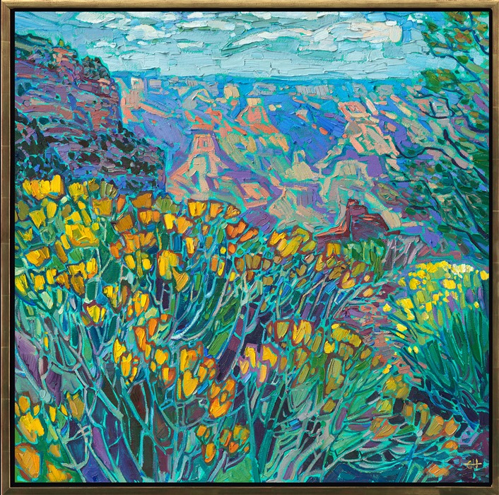 Yellow wildflowers bloom in abundance along the rim of the Grand Canyon in this painting by Erin Hanson. This work was done in Hanson's signature Open Impressionism style, with loose and confident brush strokes that do not overlap, creating a mosaic of color and texture across the canvas. </p><p>"Canyon Blooms" is an original oil painting on stretched canvas. The piece arrives framed in a gold floater frame, ready to hang.