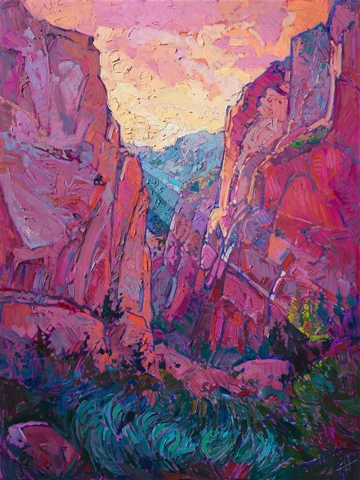 Fading light rays gleam through the red rock canyon cliffs of Kolob Canyon, part of Zion National Park.  The rich yellow rays create a bold purple shadow in contrast.<br/>