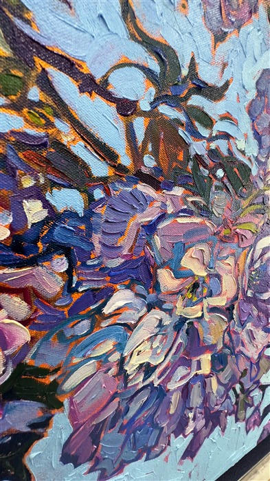 Pretty, ruffled petals from a flowering white cherry tree turn hues of dusky lavender and blue in the shadows. This close-up painting captures the beauty of the cherry blossoms with a flourish of impressionistic color. Erin Hanson has been inspired by van Gogh's painting of almond blossoms to paint the spring blooms in her own backyard, here in Oregon's picturesque Willamette Valley. </p><p>"Cherry Blossoms II" is an original oil painting created on stretched canvas. The piece arrives framed in a burnished silver floater frame, ready to hang.