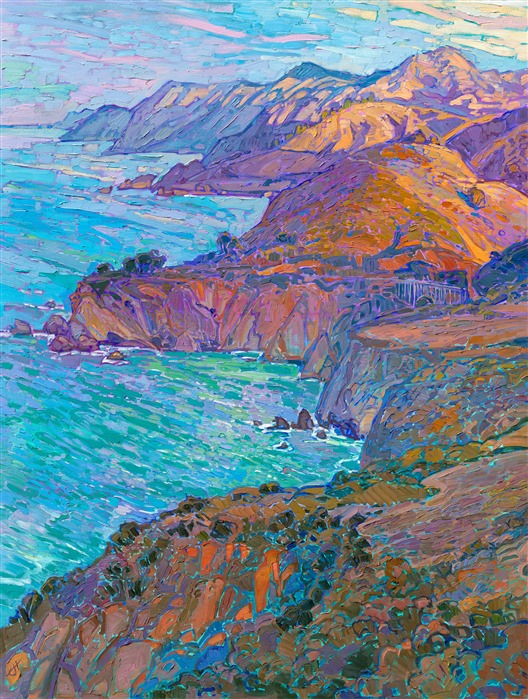 Bixby Bridge, located between Carmel and Big Sur on the California coastline, is a beautiful feat of engineering. I don't paint man-made objects very often, but this bridge gracefully fits in with the natural landscape, adding to the aesthetics of the scene. This painting captures the grandeur of Highway 1 and the vibrant colors at dawn.</p><p>"Coastal Cliffs" is an original oil painting on stretched canvas. The painting arrives framed in a 23kt burnished, gold leaf floater frame.