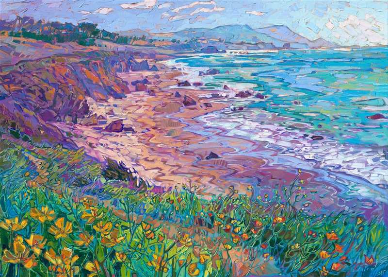 A sandy bluff covered in poppies overlooks this coastal panorama. Highway 1 provides endless inspiration for colorful coastal landscapes, from Cannon Beach to Cambria. This painting captures the vibrant colors of spring with thick, expressive brush strokes and vivid hues of yellow, blue, and turquoise.</p><p>"Coastal Visions" is an original oil painting by Erin Hanson, created on stretched canvas. The piece arrives framed in a contemporary gold floater frame finished in 23kt gold leaf and dark sides.