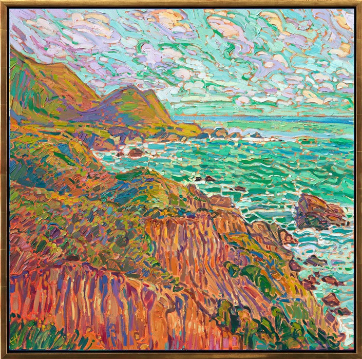 A summer sky fades from blue to brilliant shades of green and turquoise, as the sun sets towards the horizon. This painting of California's coastline captures the eroded sandstone cliffs seen along the coast from Big Sur to Torrey Pines. The thick, impasto brush strokes capture the movement and vivacity of the scene.</p><p>"Coastal in Green" is an original oil painting on stretched canvas, framed in a gold floating frame. The piece will be displayed at Erin Hanson's solo museum show <i><a href="https://www.erinhanson.com/Event/AlchemistofColor" target="_blank">Erin Hanson: Alchemist of Color</i></a> at the Channel Islands Maritime Museum in Oxnard, California. You may purchase this painting now, but the piece will not be delivered until after the show ends on December 28th, 2023.