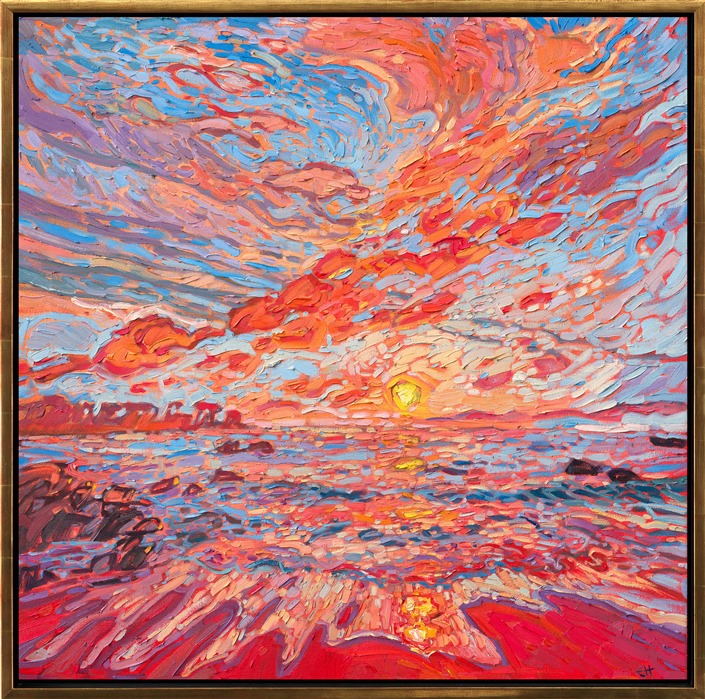 Created with a limited palette to accentuate the colors of sunset, this painting of the Monterey peninsula combines the pigments of cadmium red and phthalo blue to create a delicate dance of color across the canvas. Thick brush strokes add a sense of movement and rhythm, keeping the eye moving through the painting.</p><p>"Color Reflections" is an original oil painting on stretched canvas, framed in a gold floating frame.