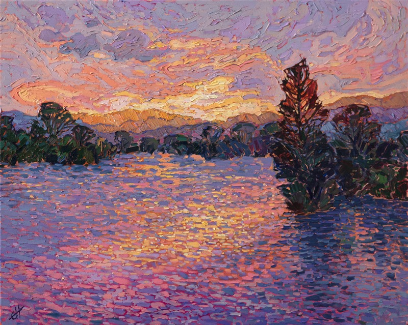Speckled light dances on the water's surface, creating a pattern of liquid pink lava on the lake. Each paint stroke is thickly applied with only a brush, layering into a medley of texture across the canvas.</p><p>"Dappled Light" was created on 1-1/2" canvas, with the painting continued around the edges. The painting has been framed in a custom-made, gold floating frame.