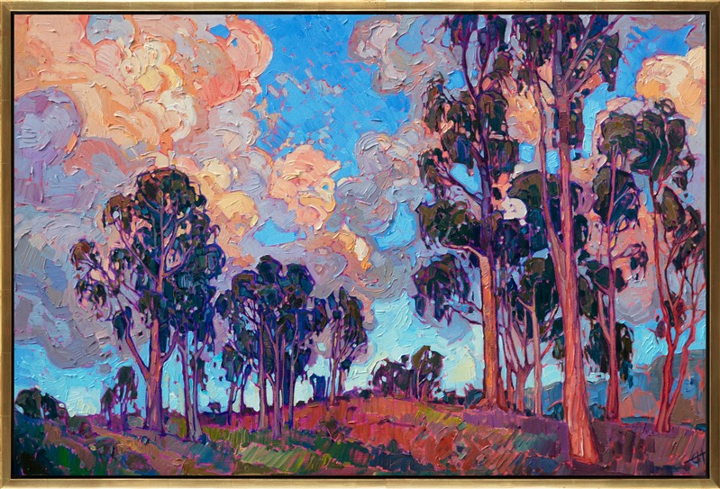 San Diego eucalyptus trees stand in silhouette against a sunset sky. The large billowing clouds are often seen rolling in off the coast, and when the sun goes down they turn brilliant shades of orange sherbet and lavender. This painting captures all the beauty of this transient light. </p><p>"Diego Eucalyptus" was created on 1-1/2" canvas, with the painting continued around the edges. The piece arrives framed in a 23kt gold floater frame.