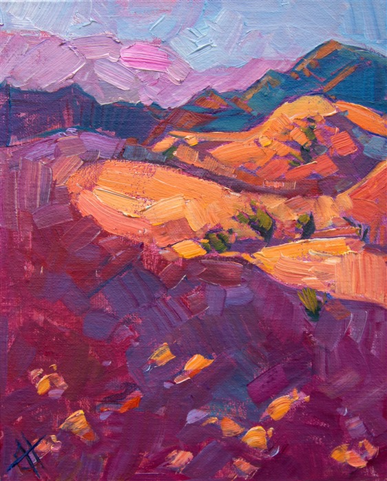 Pink sand dunes catch the first morning light on their freshly wind-blown surface.  The paint captures the life and movement of the landscape in a few vivid brush strokes.