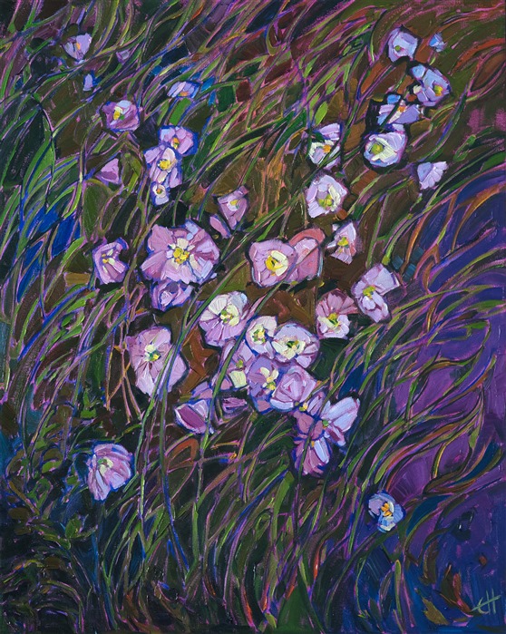 Cool tones of pale blue and lavendar stand out starkly against the dark spring grasses.  The beautiful evening primrose looks like little moons of light within the grassy floor.</p><p>This painting was created on 1-1/2" deep canvas, with the painting continued around the edges.  The painting arrives framed in a carved floater frame designed for the painting.</p><p>This painting will be displayed at <a href="https://www.erinhanson.com/event/californiasuperbloomartexhibition">The Super Bloom Show</a>, September 9th, at The Erin Hanson Gallery in San Diego.  If you purchase this painting before the show, your piece will be shipped to you after September 9th.