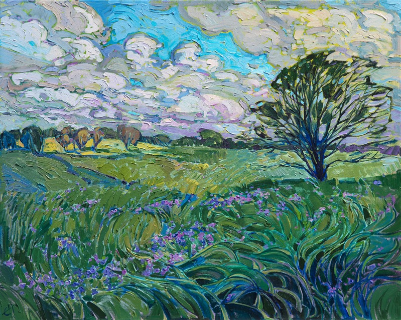 Long springtime grasses curl in the wind, a bath of green across the Texas landscape.  Tiny blue wildflowers peek up among the grasses, waiting for the sunlight to shower down between the ever-moving clouds.  The brush strokes in this painting are loose and impressionistic, capturing the life and changing color of the outdoors.</p><p>This painting was done on 1-1/2" canvas, with the painting continued around the edges. The piece has been framed in a gold floater frame and arrives ready to hang.