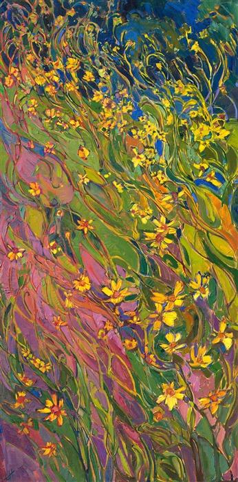 A movement of wildflowers peeks between the swaying grasses of spring, catching the light and dancing with color.  The impressionistic brush strokes are loose and lively, capturing the expression of nature.</p><p>This painting was done on 1-1/2" canvas, with the painting continued around the edges. The piece has been framed in a 23kt gold floater frame.
