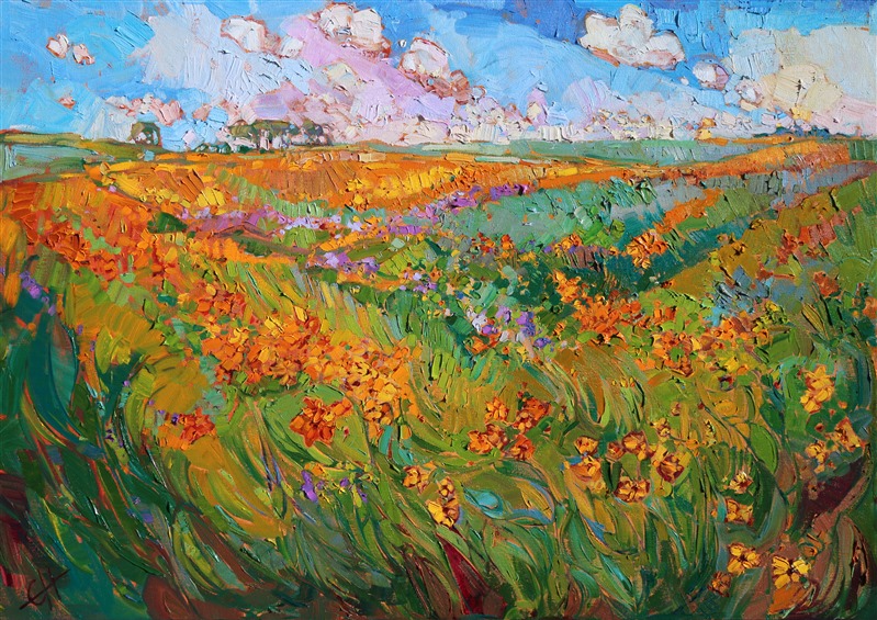 Texas hill country is abloom in April wildflowers, the spring grass blanketed in shades of color. This painting is full of life and movement, capturing the beauty of being in the wide outdoors.