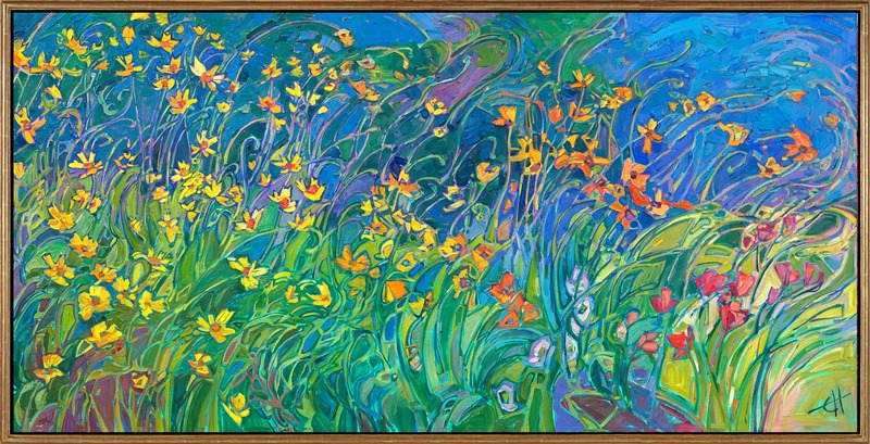 A flurry of yellow wildflowers appear as bright sparks of color against the rich hues of green and ultramarine. The wild poppies give an additional pop of orange and red among the long, impressionistic brush strokes.</p><p>"Flurry of Wildflowers" is an original oil painting created on gallery-depth canvas. The piece arrives framed in a custom-made gold floater frame finished in 23kt gold leaf.