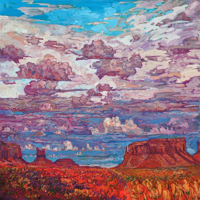 This Western oil painting brings to life the grandeur of the Four Corners region, capturing the red rock buttes near Monument Valley. The dramatic monsoon clouds rise high above the landscape, bringing their daily rain to the desert floor.</p><p>This large painting measures 6 feet x 6 feet, and the work has been framed in a custom-made gold floater frame. 
