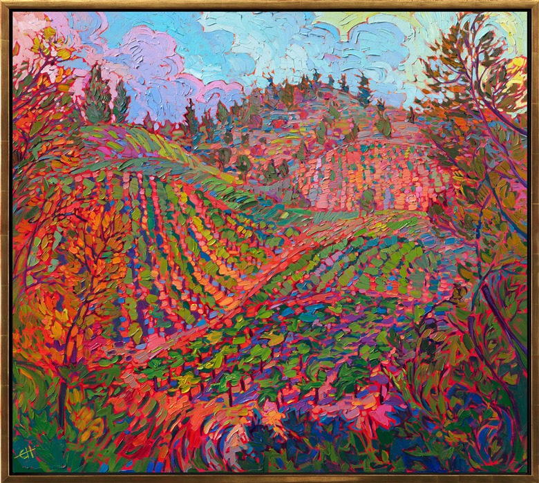 Golden hills covered in grape vines surround the narrow valley of the hidden-away wine country of Boonville, California. Travelers between Napa and Mendocino have probably driven through these hills, stopping to taste the local wines along the way. This impressionist painting captures all the beauty of California wine country in the late summer.</p><p>"Golden Vines" was created on 1-1/2" canvas. The oil painting arrives ready to hang in a contemporary gold floater frame finished in burnished 23kt gold leaf.