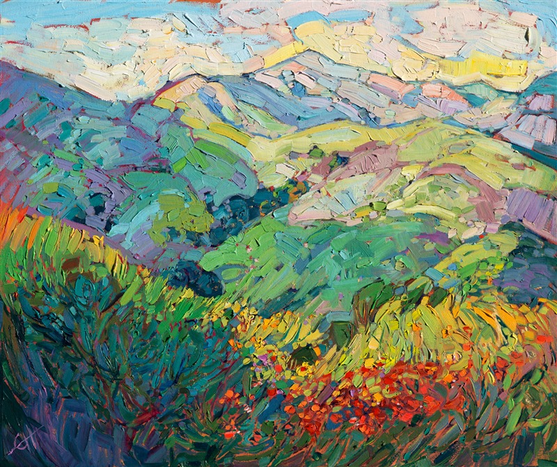 Red wildflowers bloom in colorful abandon in these spring-green hills of central California.  The distant hills create layers of texture and color.</p><p>This original oil painting was created over an application of 24 karat gold leaf. The genuine gold glints through the layers of oil paint, catching the light in a subtle and surprising manner, and bringing the oil painting to life like never before.</p><p>The painting was created on 3/4" canvas and comes framed in a gilded, 5"-deep, museum-quality frame. Additional photos are available upon request.