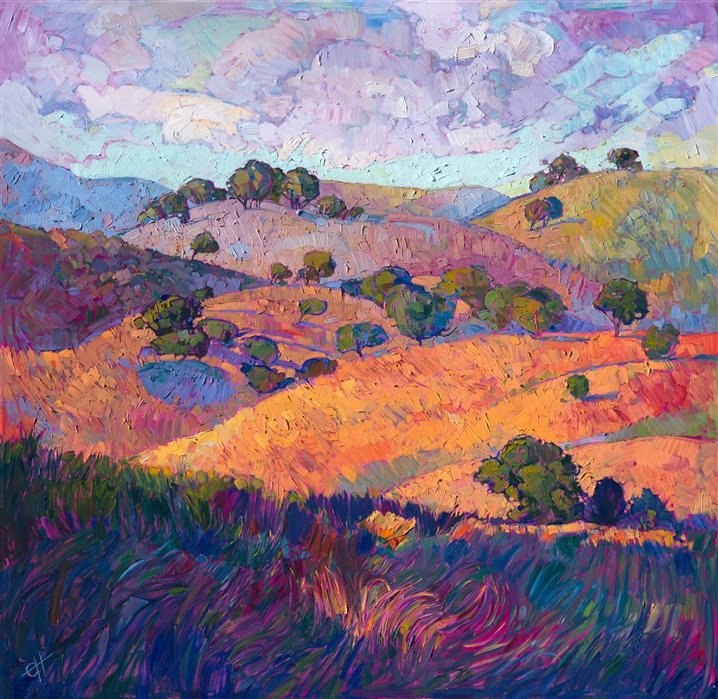 Overlapping bands of colors bring Paso Robles to life in pure, vibrant hues, as California oaks march across the summer-tinted hills.  The paint, thickly textured, glimmers with motion as light plays across the canvas.  </p><p>This painting was created on 2" museum-depth canvas, with the painting continued around the edges of the stretched canvas. It arrives ready to hang without a frame. (Please contact the artist if you would like information on framing options for this painting.)