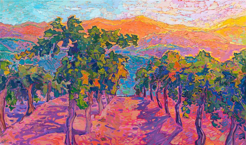 Green, late summer vines crest the top of a hillside in Paso Robles wine country. This painting was inspired by Adelaida Vineyards, located on the highest peaks between Paso and the coastal range. Their vines are some of the oldest in Paso Robles. This painting captures the vivid colors of wine country with expressive, thickly textured brush strokes, in Erin Hanson's iconic, impressionistic style.</p><p>"Hilltop Vines" is an original oil painting created on stretched canvas. The piece arrives framed in a contemporary gold floater frame, ready to hang.