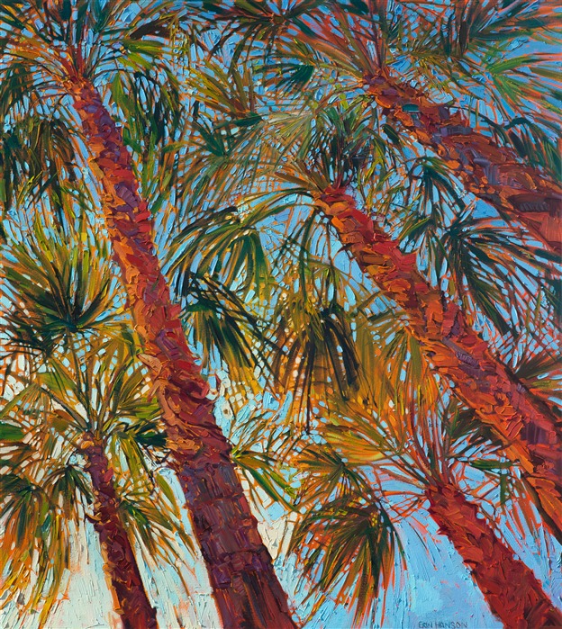 Looking up into the desert palms of La Quinta, California, gives a colorful view of back-lit fronds sparkling with color and motion.  The brush strokes in this diptych painting are thick and impressionistic.  </p><p>This painting is now being proudly displayed at PGA West's new clubhouse in La Quinta, California.</p><p>