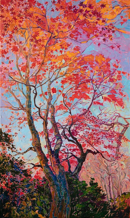 Delicate branches of the Japanese maple tree bend gracefully in the autumn sunlight. The tiny leaves of the maple tree spread across the sky, soaking in the afternoon warmth. The brush strokes are loose and impressionistic, creating a mosaic of color and texture across the canvas.</p><p>"Kyoto Color" was created on 1-1/2" canvas, with the painting continued around the edges. The painting arrives framed in a contemporary gold floater frame.