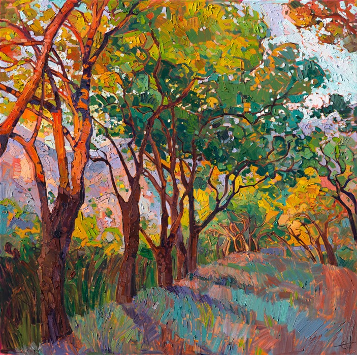 This oak-lined path catches the late afternoon light in a flurry of color.  Thickly applied strokes of oil bring the movement of the landscape to life in this painting.  California impressionism has never appeared in such vivid, alive color.</p><p>Exhibited: "Impressions in Oil", Studios on the Park. Paso Robles, CA. 2015