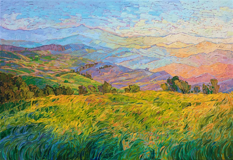 Layers of afternoon light fade into the distance, abstract shapes interacting to form a medley of color and light. This painting captures the coastal range of Paso Robles, California. The brush strokes are thick and impressionistic, capturing the texture of the moving grasses and scintillating light.</p><p>This painting was created on 1-1/2" canvas, with the painting continued around the edges of the piece. The painting has been framed in a custom gold floater frame.