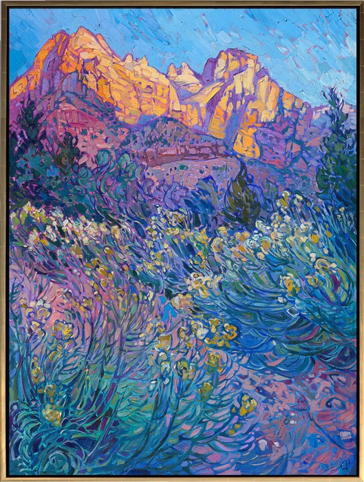 Yellow wildflowers blanket the valley floor in Zion National Park in late summer. This painting captures the first light of dawn striking the Court of the Patriarchs, as seen from the Pa'rus Trail. Thick brush strokes of oil paint laid side by side, without layering, capture the texture and color of the landscape.<br/><b>Note:<br/>"Light of Dawn" is available for pre-purchase and will be included in the <i><a href="https://www.erinhanson.com/Event/SearsArtMuseum" target="_blank">Erin Hanson: Landscapes of the West</a> </i>solo museum exhibition at the Sears Art Museum in St. George, Utah. This museum exhibition, located at the gateway to Zion National Park, will showcase Erin Hanson's largest collection of Western landscape paintings, including paintings of Zion, Bryce, Arches, Cedar Breaks, Arizona, and other Western inspirations. The show will be displayed from June 7 to August 23, 2024.</p><p>You may purchase this painting online, but the artwork will not ship after the exhibition closes on August 23, 2024.</b><br/><p>