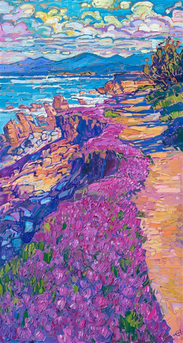 Monterey is famous for its magenta ice plants that grow in abundance along the rocky coastline. The scene is captured with thick, impressionistic brush strokes and lively hues of oil paint.</p><p>"Monterey Ice Plant" was created on 1-1/2" stretched canvas. The painting arrives framed in a contemporary gold floater frame, ready to hang.