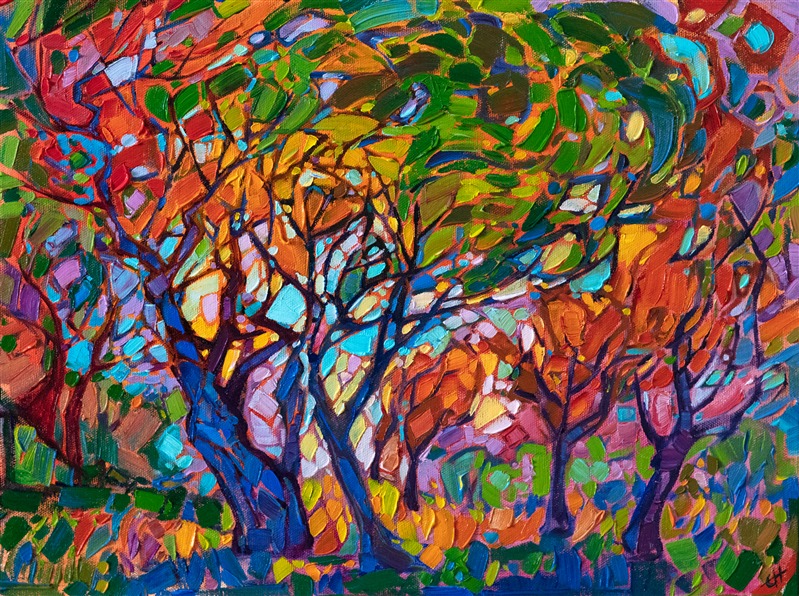 Rich hues of red and green dance together in this painting of Texas oaks. The mosaic texture of the painting pulls the eye along in a dance, following the pattern of the brush strokes.</p><p>"Mosaic Arbor" was created on 1/8" canvas board, and it arrives framed in a gold plein air frame.