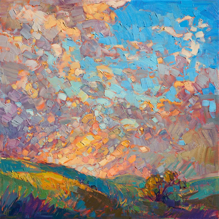 Mosaic light pierces through the clouds, forming a brilliant array of color across the landscape. Thick brush strokes leap from the canvas with energy and life, interacting with the natural light around the painting.</p><p>This painting was created on museum-depth canvas, with the painting continued around the edges of the stretched canvas. It arrives ready to hang without a frame. (Please contact the artist if you would like information on framing options.)