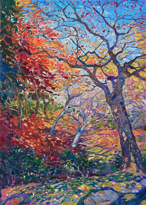 Kyoto, Japan, is a beautiful place to experience the Japanese maples changing color.  In this painting I wanted to capture the amazing range of color you see in the temple gardens, from green and yellow to purple and red.  There is such a sense of grace in the branches of these ancient maples, as well as a peaceful sense of motion with the gentle winds in the leaves.</p><p>This oil painting was created over a layer of 24kt gold leaf, and small flecks of gold reflect the light when the painting is viewed at the right angle.</p><p>This painting was created on 1-1/2" canvas, with the painting continued around the edges. The painting arrives framed in a 23kt gold leaf floater frame, wired and ready to hang.