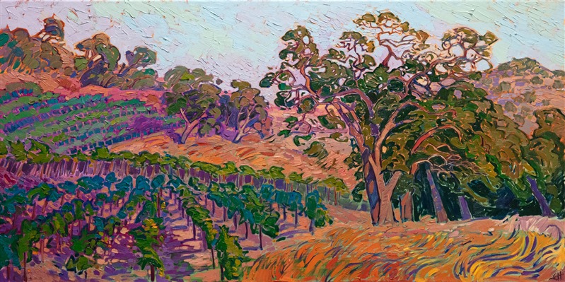 Napa vineyards and oak trees are depicted here in colors of summer, with vivid, warm hues of rust and amber. The brush strokes are thick and impressionistic, capturing the movement and life of the scene.</p><p>"Napa Summer" was created on 1-1/2" canvas, with the painting continued around the edges. The piece arrives framed in a contemporary gold floater frame.