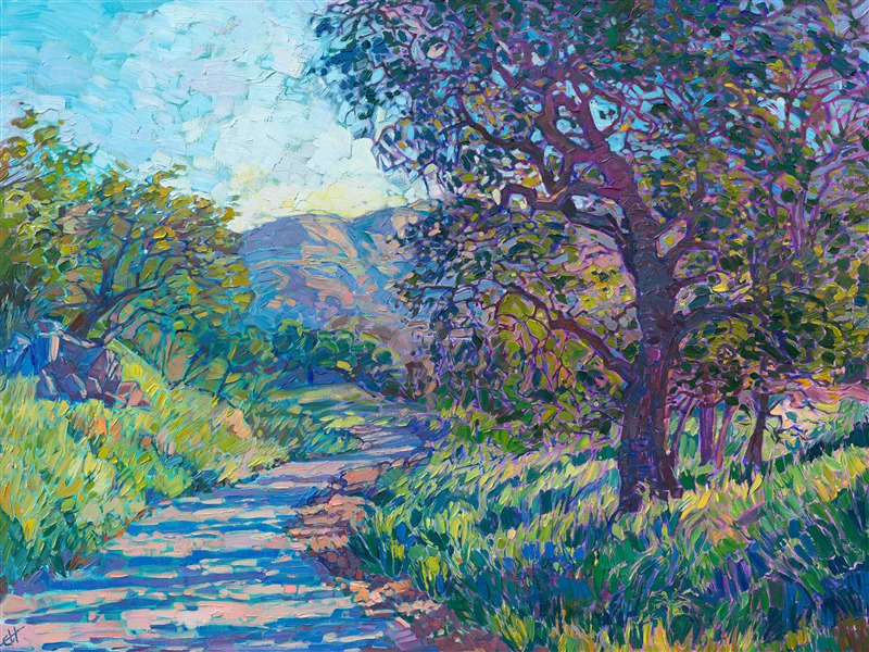 A curving road leads you through the idyllic landscape of Paso Robles in California's wine country.  The twisting branches of the oak tree cast long shadows across the pathway, creating a pattern of blue and purple.  The lush spring-time grasses cover the hillsides and beckon you into the distance.</p><p>This painting was done on 1-1/2" canvas, with the edges of the canvas painted. The piece will be framed in a gold floater frame and it arrives ready to hang.