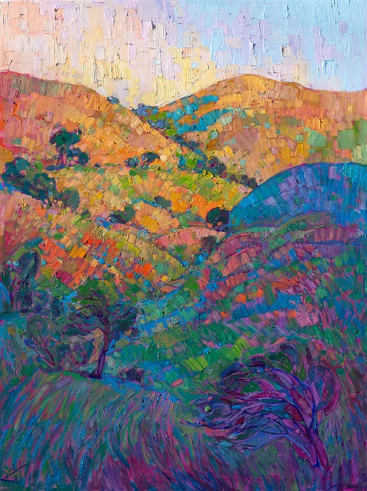 Layers of oak-laden hills pile on top of each other, reaching into the warm sun, shaking their cool dew-covered slumber. Thick brush strokes tumble from the canvas, each stroke a spontaneous capture of time and color. This mosaic of vivid texture brings California wine country to life in a whole new style. </p><p>This painting was created on museum-depth canvas, with the painting continued around the edges of the stretched canvas. It arrives ready to hang without a frame. (Please contact the artist if you would like information on framing options for this painting.)