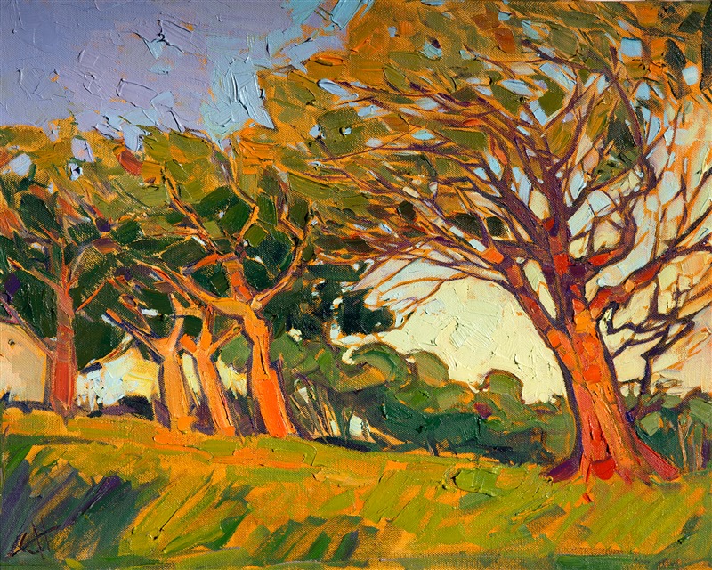 Rich emeralds contrast against the burning glow of sunset's last light.  The darkening sky will quickly overcome the light, casting the oaks into nightfall.  </p><p>This time of day is the magic hour for inspiring impressionistic paintings.  The surreal orange glow of the sun can be captured in vivid brush strokes that unashamedly claim the boldest color hues.  The loose brush strokes are used to capture that sense of immediacy in the landscape, the sense of wonderment of seeing such beautiful colors for such a fleeting moment.</p><p>Following in the footsteps of the modern impressionists, Hanson uses color to create an emotional impact on the viewer. The longer you behold the painting, the more detail you see, and the further you can drift into your own imagination.</p><p>This original oil painting was created on 3/4" canvas and arrives already framed in a classic gold frame, ready to hang.  This painting is currently available through The Erin Hanson Gallery in Los Angeles.  Please contact us to see additional photos of the painting with its frame.