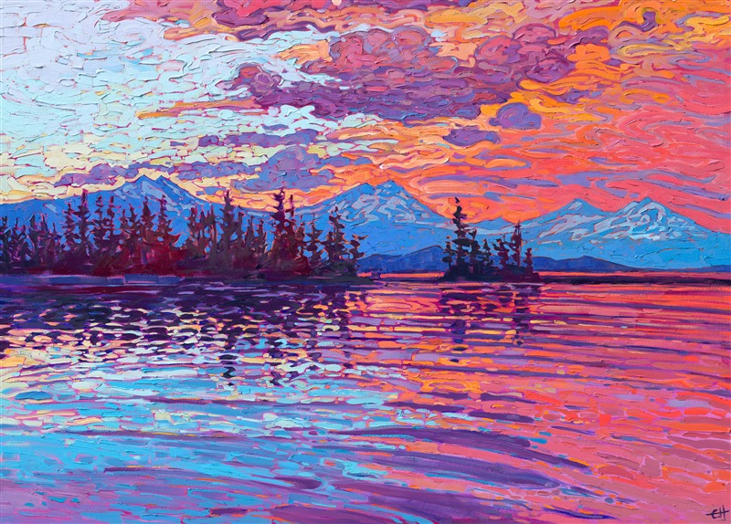 This fiery view of the Oregon Cascades captures the beauty of this magical destination. The warm sunset hues reflecting in the water makes you feel like you are there with the light surrounding you. The brush strokes in this painting are loose and impressionistic, alive with color and motion.</p><p>This painting was created on a 1-1/2" linen canvas, with the painting continued around the edges of the piece. The painting has been framed in a custom gold floater frame.