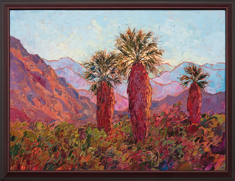 Shaggy palms stand proudly before the jagged mountains of Anza Borrego State Park. These palms mark the entrance of the local camping ground.  The desert plantlife is green and full after the spring rains. The brush strokes in this painting are loose and impressionistic, alive with color and motion.</p><p>This painting was done on 3/4" canvas. We have two frames available for this painting: one is an elegant, hand-carved gold frame, and the other is a smooth cherry wood frame.  You can see the two framed images above.</p><p><B>Note:<br/>"Borrego in Abstract" is included in <I>Erin Hanson: Landscapes of the West</i> solo museum exhibition at the Sears Art Museum in St. George, Utah. This museum exhibition, located at the gateway to Zion National Park,  features Erin Hanson's largest collection of Western landscape paintings, including paintings of Zion, Bryce, Arches, Cedar Breaks, Arizona, and other Western inspirations. Show Dates: June 7 to August 23, 2024.</B>