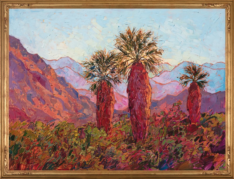 Shaggy palms stand proudly before the jagged mountains of Anza Borrego State Park. These palms mark the entrance of the local camping ground.  The desert plantlife is green and full after the spring rains. The brush strokes in this painting are loose and impressionistic, alive with color and motion.</p><p>This painting was done on 3/4" canvas. We have two frames available for this painting: one is an elegant, hand-carved gold frame, and the other is a smooth cherry wood frame.  You can see the two framed images above.</p><p><B>Note:<br/>"Borrego in Abstract" is included in <I>Erin Hanson: Landscapes of the West</i> solo museum exhibition at the Sears Art Museum in St. George, Utah. This museum exhibition, located at the gateway to Zion National Park,  features Erin Hanson's largest collection of Western landscape paintings, including paintings of Zion, Bryce, Arches, Cedar Breaks, Arizona, and other Western inspirations. Show Dates: June 7 to August 23, 2024.</B>