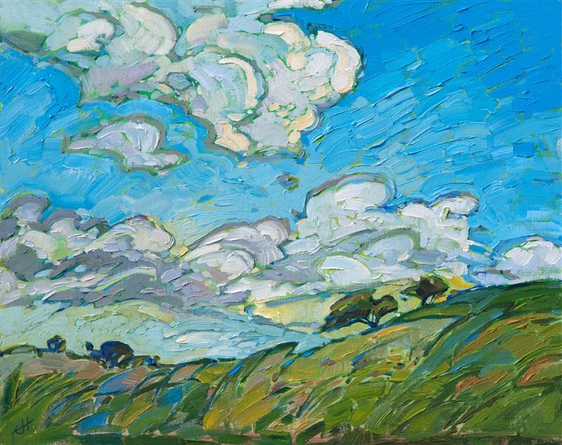 I love a bright springtime sky filled with fluffy white clouds.  This painting captures such a sky over one of my favorite landscapes to paint: Paso Robles, California.  I wanted this painting to be alive with ever-changing motion, just as the real outdoors are.</p><p>This painting was done on 1/8" canvas, and it arrives framed and ready to hang.