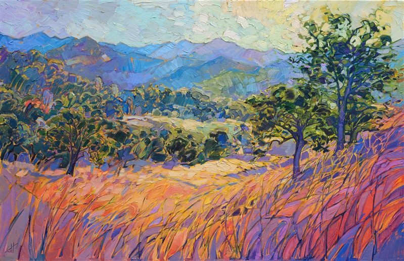 This painting captures the beautiful colors and light of central California's wine country.  The rolling hills between the coastal mountain range and the Paso Robles valley are filled with vineyards, ancient oak trees, and winding country roads.  This piece was inspired by a late afternoon view across the rolling hills, looking out towards the coastal range.</p><p>This painting was done on 1-1/2" canvas, with the painting continued around the edges. The piece has been framed in a gold floater frame and arrives ready to hang.
