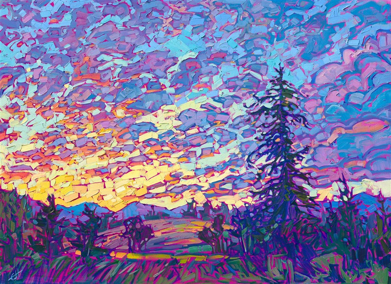 A sunset full of riotous color exclaims across the sky in this northwestern painting. The brush strokes are loose and impressionistic, creating a mosaic of color and texture across the canvas.</p><p>"Pine and Sunset" is an original oil painting created on stretched linen canvas, and the piece arrives framed in a hand-made, closed-corner gold floater frame.</p><p>
