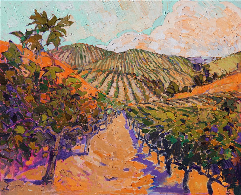 The oldest pinot vines in California are located at Adelaida Winery in Paso Robles. These ancient vines have thick, twisted trunks that splay out widely to either side. This painting captures the beauty of these old plants.</p><p>This painting was done on 1-1/2" canvas, with the painting continued around the edges. The piece arrives framed and ready to hang.
