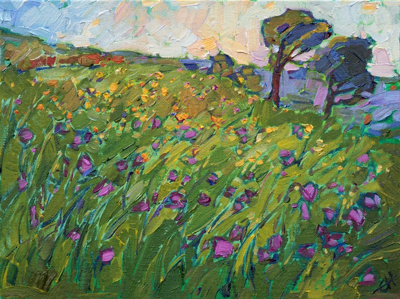 This painting brings to life the multitudinous wildflowers of Texas Hill Country.  These purple wildflowers looked beautiful nestled in the long, spring-green grasses.  Each brushs stroke in a petite painting contributes to the overall movement and impression of the landscape.</p><p>This painting was done on 1/8" canvas, and it arrives framed and ready to hang.