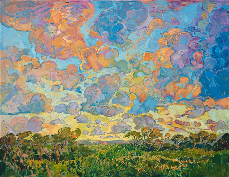 Thick brush strokes of swirling, vibrant oil capture this dawning landscape. Inspired by the wide-open countryside of Texas hill country, the painting captures the warmth and transient beauty of an early sunrise with loose, impressionistic brush strokes.</p><p>This painting was done on 1-1/2" canvas, with the painting continued around the edges. The painting arrives framed in a hand-carved gold floater frame (<a href="https://www.erinhanson.com/blog?p=aboutframes" target=_"blank">open impressionist frame</a>).