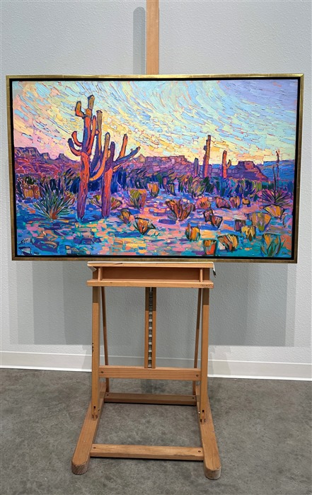 This painting of Arizona saguaros celebrates the vibrant colors of the southwest. The thick, impressionistic brush strokes create a mosaic of color and texture across the canvas, pulling your eye through the painting so that you become immersed in imagination.</p><p><b>Did you know…?</b></p><p>* The average saguaro has a lifespan of 150 to 175 years. Biologists believe that some may live for over 200 years.</p><p>* Because of their slow growth, a saguaro often takes 50 to 70 years to grow their first arms. By the time they are 100, they typically have several arms.</p><p>* The oldest recorded saguaro grew over 40 feet tall and had 52 arms.<br/>_____ </p><p><b>Note:<br/>"Saguaro Hues" is available for pre-purchase and will be included in the <i><a href="https://www.erinhanson.com/Event/SearsArtMuseum" target="_blank">Erin Hanson: Landscapes of the West</a> </i>solo museum exhibition at the Sears Art Museum in St. George, Utah. This museum exhibition, located at the gateway to Zion National Park, will showcase Erin Hanson's largest collection of Western landscape paintings, including paintings of Zion, Bryce, Arches, Cedar Breaks, Arizona, and other Western inspirations. The show will be displayed from June 7 to August 23, 2024.</p><p>You may purchase this painting online, but the artwork will not ship after the exhibition closes on August 23, 2024.</b><br/><p>