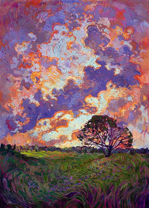 Lively brush strokes and vibrant color move you through this dramatic skyscape.  Striving to capture the drama in the landscape and inspire others, Hanson uses all the tools at her disposal: varying texture, exciting contrasts, unexpected color, and a mosaic technique of application.  The overall effect of the painting is to create an emotional impact.