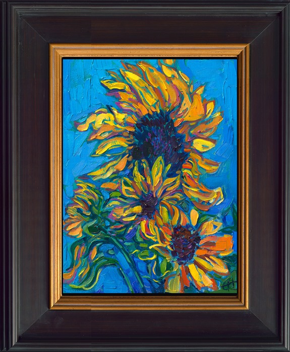 Erin Hanson has been described as a modern van Gogh, and she has certainly been inspired by sunflowers like van Gogh was! The large sunflower heads are a beautiful contrast to the colorful, curving leaves -- the perfect subject matter for a contemporary impressionist painter.</p><p>"Sunflower Blues II" is an original oil painting on linen board. The piece arrives framed in a classic plein air frame, ready to hang.